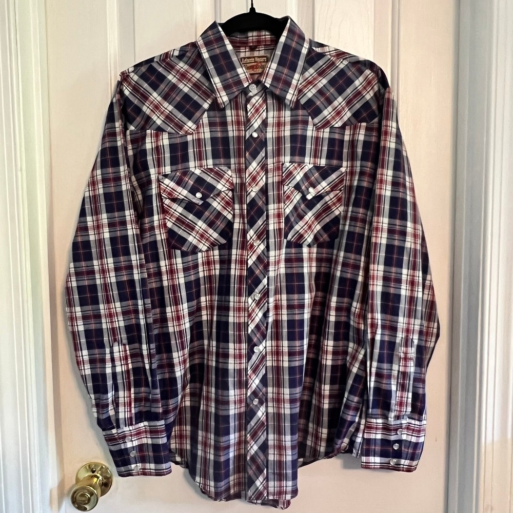 VTG Youngbloods Authentic Western Mens L Pearl Snap Plaid Shirt Navy Red White